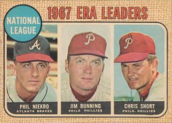 1968 Topps Venezuelan #7 National League 1967 ERA Leaders (Phil Niekro / Jim Bunning / Chris Short) Front