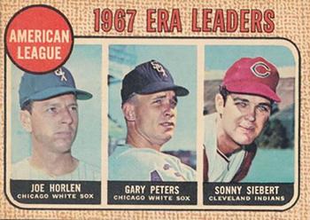 1968 Topps Venezuelan #8 American League 1967 ERA Leaders (Joe Horlen / Gary Peters / Sonny Siebert) Front