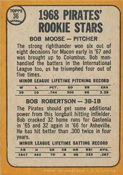 1968 Topps Venezuelan #36 Pirates 1968 Rookie Stars (Bob Moose / Bob Robertson) Back