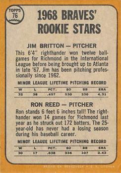 1968 Topps Venezuelan #76 Braves 1968 Rookie Stars (Jim Britton / Ron Reed) Back