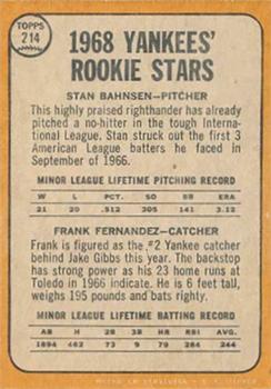 1968 Topps Venezuelan #214 Yankees 1968 Rookie Stars (Stan Bahnsen / Frank Fernandez) Back