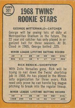 1968 Topps Venezuelan #301 Twins 1968 Rookie Stars (George Mitterwald / Rick Renick) Back