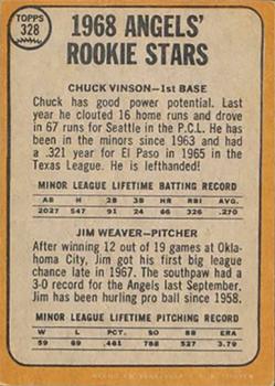 1968 Topps Venezuelan #328 Angels 1968 Rookie Stars (Chuck Vinson / Jim Weaver) Back