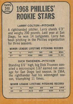 1968 Topps Venezuelan #348 Phillies 1968 Rookie Stars (Larry Colton / Dick Thoenen) Back