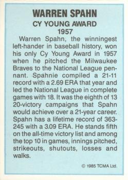 1985 TCMA Cy Young Award Winners #NNO Warren Spahn Back