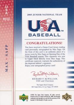 2005 Upper Deck USA Baseball Junior National Team - 2005 Junior National Team Signed Jerseys Red Ink #USA MS-GU Max Sapp Back