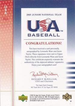 2005 Upper Deck USA Baseball Junior National Team - Future Category Leaders Dual Signature Black #USA FCL3 Leonardo Ware / Jason Taylor Back