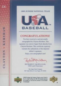 2005 Upper Deck USA Baseball Junior National Team - 2005 Junior National Team Signatures Black Ink #CK Clayton Kershaw Back