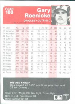 1985 Fleer #188 Gary Roenicke Back