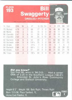 1985 Fleer #193 Bill Swaggerty Back