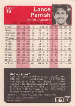 1985 Fleer #19 Lance Parrish Back