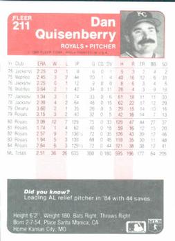 1985 Fleer #211 Dan Quisenberry Back