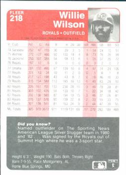 1985 Fleer #218 Willie Wilson Back