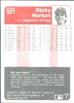 1985 Fleer #227 Ricky Horton Back