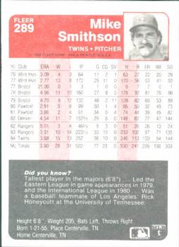 1985 Fleer #289 Mike Smithson Back