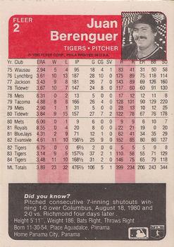 1985 Fleer #2 Juan Berenguer Back