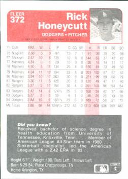 1985 Fleer #372 Rick Honeycutt Back