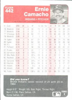 1985 Fleer #442 Ernie Camacho Back