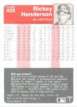 1985 Fleer #425 Rickey Henderson Back