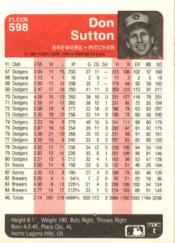 1985 Fleer #598 Don Sutton Back
