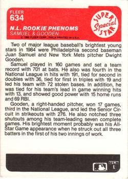 1985 Fleer #634 N.L. Rookie Phenoms (Juan Samuel / Dwight Gooden) Back