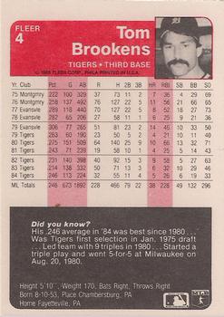 1985 Fleer #4 Tom Brookens Back