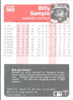 1985 Fleer #566 Billy Sample Back