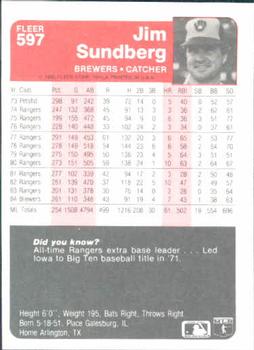 1985 Fleer #597 Jim Sundberg Back
