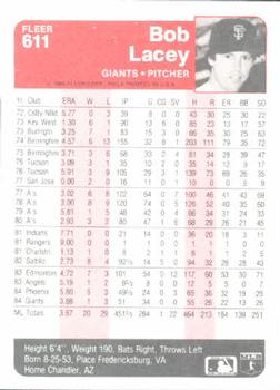 1985 Fleer #611 Bob Lacey Back