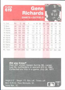 1985 Fleer #619 Gene Richards Back