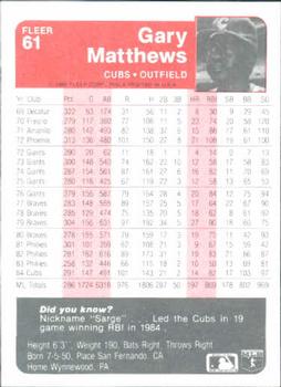 1985 Fleer #61 Gary Matthews Back