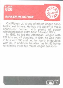 1985 Fleer #626 Ripken-in-Action Back