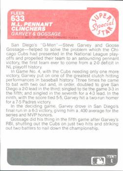 1985 Fleer #633 N.L. Pennant Clinchers (Steve Garvey / Rich Gossage) Back