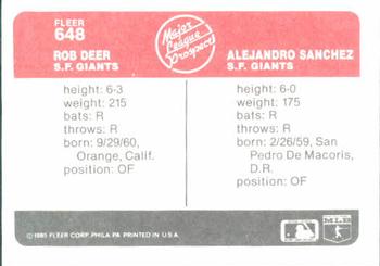 1985 Fleer #648 Rob Deer / Alejandro Sanchez Back