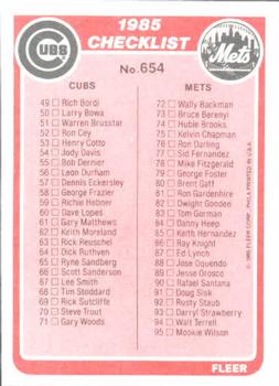 1985 Fleer #654 Checklist: Tigers / Padres / Cubs / Mets Back