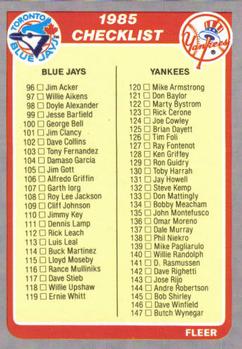1985 Fleer #655 Checklist: Blue Jays / Yankees / Red Sox / Orioles Front