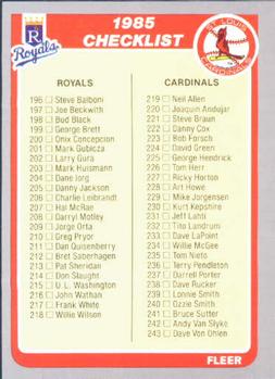 1985 Fleer #656 Checklist: Royals / Cardinals / Phillies / Twins Front