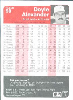 1985 Fleer #98 Doyle Alexander Back