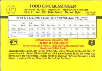 1989 Donruss Traded #T-47 Todd Benzinger Back