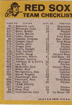 1974 Topps - Team Checklists #NNO Boston Red Sox Back