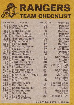 1974 Topps - Team Checklists #NNO Texas Rangers Back