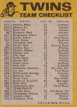 1974 Topps - Team Checklists #NNO Minnesota Twins Back