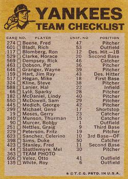 1974 Topps - Team Checklists #NNO New York Yankees Back
