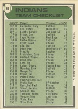 1979 Topps - Team Checklists #96 Cleveland Indians / Jeff Torborg Back