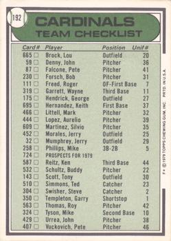 1979 Topps - Team Checklists #192 St. Louis Cardinals / Ken Boyer Back