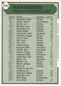 1979 Topps - Team Checklists #499 Texas Rangers / Pat Corrales Back