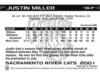 2001 Grandstand Sacramento River Cats #23 Justin Miller Back