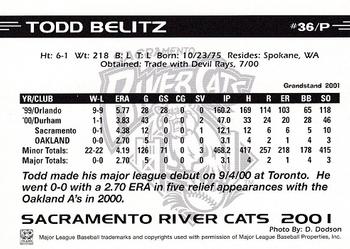 2001 Grandstand Sacramento River Cats #24 Todd Belitz Back