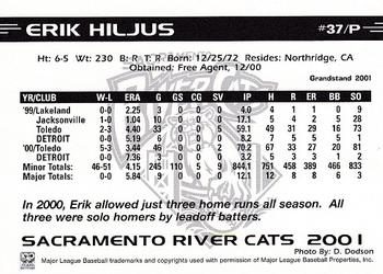 2001 Grandstand Sacramento River Cats #25 Erik Hiljus Back