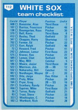 1980 Topps - Team Checklists #112 Chicago White Sox / Tony LaRussa Back
